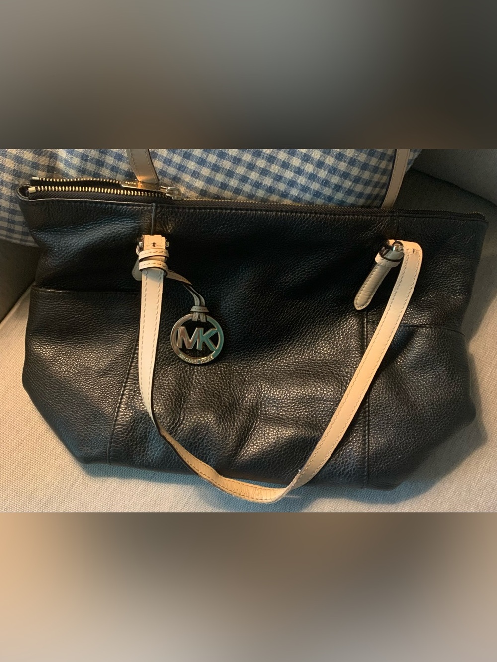 Michael Kors Black Leather Shoulder Tote with Cream Straps